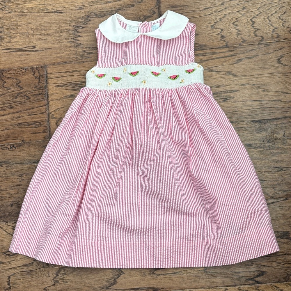 Vintage Pink Seersucker Dress with Watermelon & Flowers